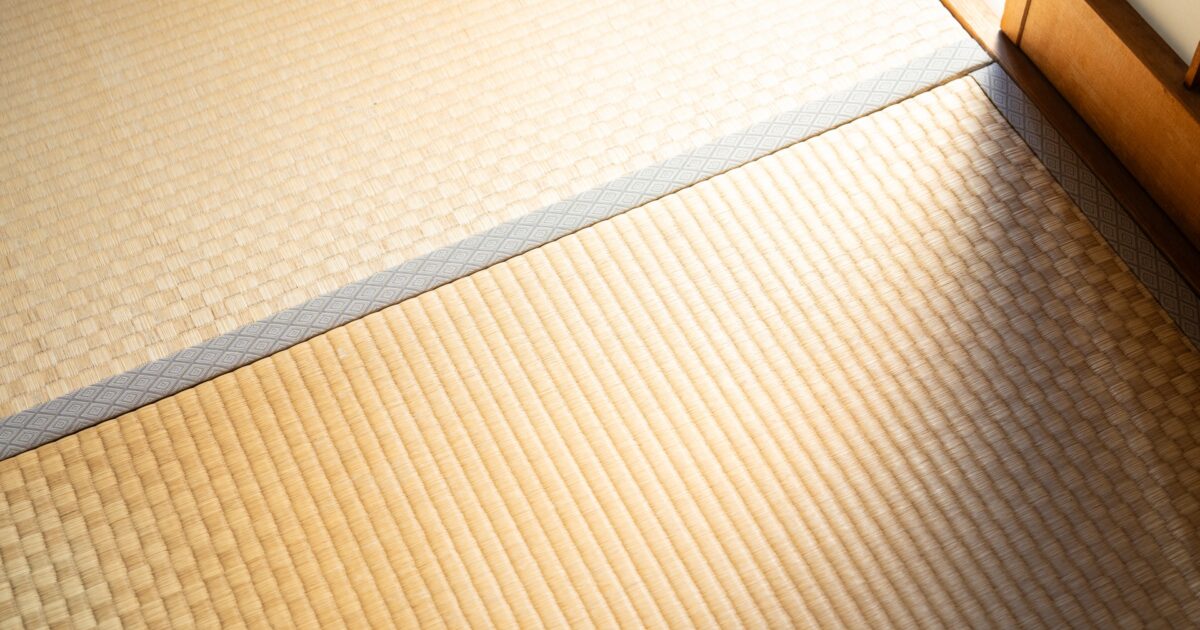日差しが差し込む畳の目と縁の模様のアップ